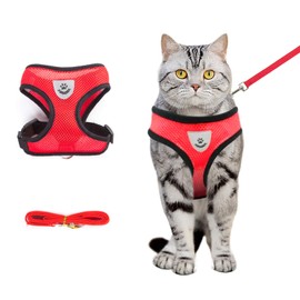 Shudyear Cat Harness and Leash, Adjustable Soft Mesh, Anti-Escape, Reflective Design, Size M, Red