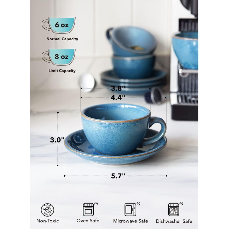 LE TAUCI 6 oz Cappuccino Cups with Saucers, Ceramic Coffee