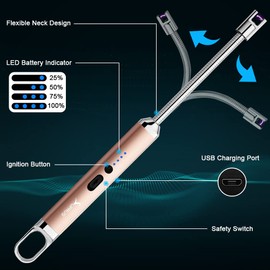 SUPRUS Lighter Rechargeable USB Lighter Arc Electric Lighetrs with Safety Switch 360° Flexible Neck Flameless Grill Long Lighters for Candle Camping Cooking (Champagne Gold)