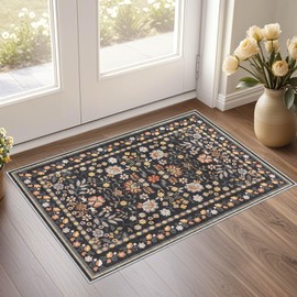 UERMEI Door Mat Entrance Rug: 2x3 Washable Area Rug Boho Floral Small Rug - Non-Slip Low Pile Throw Indoor Carpet for Entryway Kitchen Front Door Bathroom Entry Kids Room - Black Grey