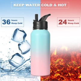 Insulated Water Bottle, 32oz Vacuum Stainless Steel Metal Sports Water Bottles with Stickers, Straw & Spout Lid (2 Lids), Double Walled to Keeps Hot and Cold, Leak Proof, BPA-Free, 32oz (Pink)