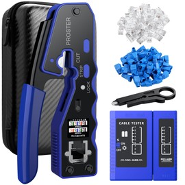 Proster RJ45 Crimp Tool Kit - 3 in 1 Pass Through RJ45 Crimper Ethernet Crimping Tool for RJ45 Cat5/5e Cat6/6a with Cable Tester Stripper 50PCS Cat6 Pass-Through Connectors and Protective Covers