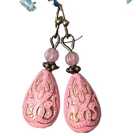 Bronze and Vintage Etched Pink Teardrop Earrings. Jewelry Earrings for Women #3298FE748