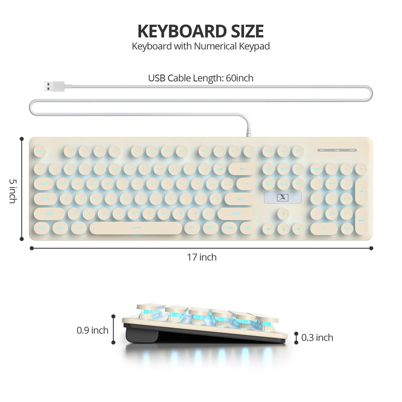 iRoboosta Quiet Keyboard Wired Membrane Keyboard Aesthetic, Full Size 104