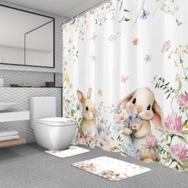 MYUSRE 4 Pcs Spring Easter Shower Curtain Set with Non-Slip Bathroom Rugs, Cute Bunny and Pink Floral Butterfly on White Shower Curtain with Bath Mat and Toilet Lid Cover Bathroom Decor, 72x72 Inches