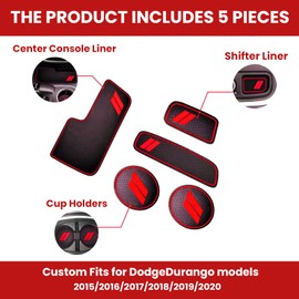 Custom for Dodge Durango Accessories 2014-2021 Interior Accessories Dust Cup Holder Coaster Door Pocket and Center Console Liner Mats Decor.(5pcs-Red)