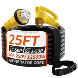 PlugSaf 50 Amp Generator Cord, 25FT 50 Amp RV Extension Cord with Twist Lock, Generator Cable 50A 4 Prong Yellow, NEMA 14-50P/SS2-50R Heavy Duty STW Wire for RV Camper & House