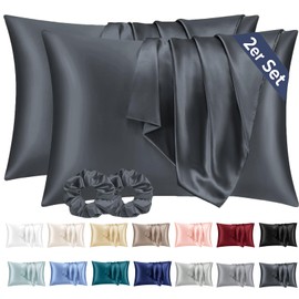 Vielit Set of 2 Satin Pillowcases, Soft as Silk Pillowcases, Better Care Than Silk Pillowcases, for Hair and Skin, with 2 Hair Scrunchies, 70 x 40 cm, Dark Grey