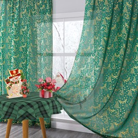 XTMYI Dark Emerald Green Curtains for Living Room 84 Inches Long,Gold Christmas Decorative Bedroom Window Sheer Curtain Drapes 84 Inch Length 2 Panels Set