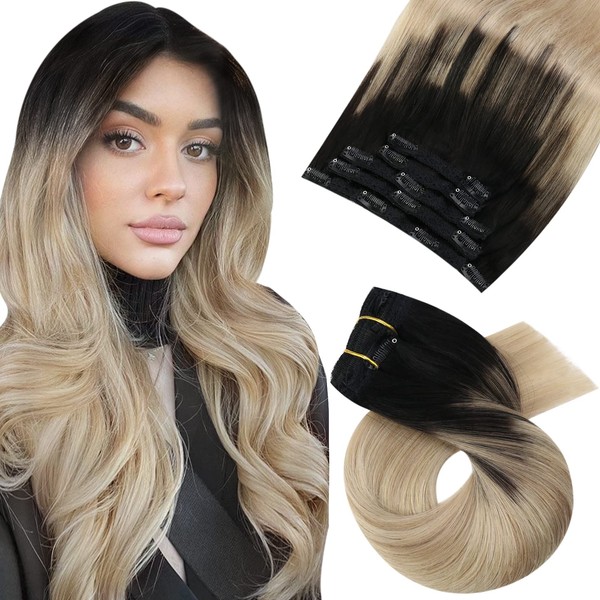 Moresoo Human Hair Extensions Clip, Black Balayage, Remy Clip-In Extensions, Straight, Thick Hair, Ombre Black to Ash Blonde with Blonde, 7 Pieces, 120 g, 50 cm