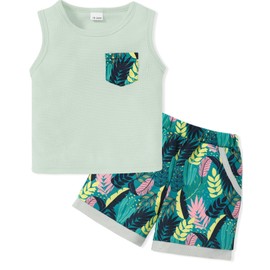 SOLOYEE Toddler Boy Clothes 4T 5T Boys Summer Outfits Sleeveless Waffle-Knit Tank Tops Pocket T-Shirt + Casual Shorts Set 2Pcs Baby Clothing Set