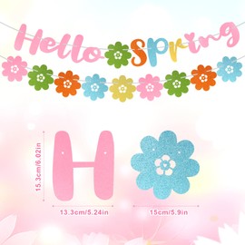 Hello Spring Banner, Pre-Strung Spring Flower Banner Colorful Spring Garland Banner Glitter Hello Spring Hanging Decorations for Welcome Spring Easter Celebration Party Supplies