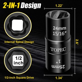 Topec 24mm x 25mm Flip Lug Nut Extractor, 1/2" Drive Lug Nut Removal Tool, 2-IN-1 Wheel Lock Remover Socket