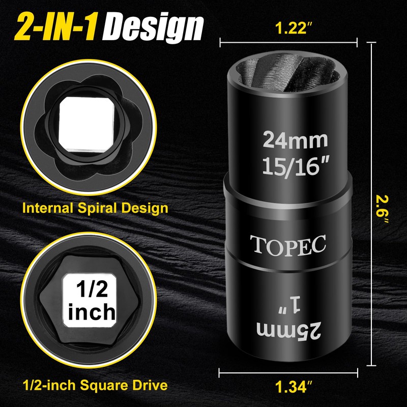 Topec 24mm x 25mm Flip Lug Nut Extractor, 1/2" Drive