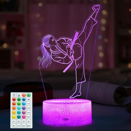 POSSHE Karate Girl Night Light, Karate Gifts, Taekwondo 3D Illusion Lamp with 16 Colors Changing, Timer, 4 Flash Modes and Dimmable, Kids Girls Room Decoration, Holiday Xmas Gifts