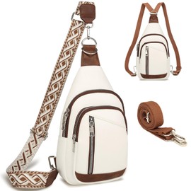Travistar Chest Bag Women's Sling Bag Men's 2 in 1 Backpack Women's Small with 2 Removable Shoulder Straps, PU Leather Crossbody Bag Women's Shoulder Bag Handbag Shoulder Bag Anti-Theft, white brown,