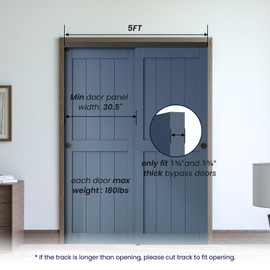 SMARTSTANDARD 60"/5FT Ceiling Mount Bypass Sliding Door Hardware Kit for Cabinet Closet, Double Pocket Doors Hardware with Finger Pull, Smoothly and Quietly, Fit 30.5" Wide Door Panel, No Door, Black