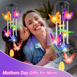 Mothers Day Wind Chimes Gifts for Mom Birthday Gifts for Women Mom Butterfly Wind Chimes for Outside Mother‘s Day Gifts for Grandma Wife Sister Girlfriend Solar Lights Garden Outdoor House Patio Décor