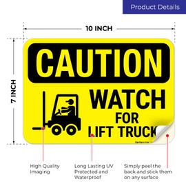 Caution Watch for Lift Trucks Sign, 10x7 Inches, 4 Mil Vinyl Decal Stickers Weather Resistant, Made in USA