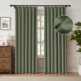 Pinch Pleat Blackout Curtains 2 Pages Linen Textured Waffle Weave Curtains for Bedroom Living Room Darkening Thermal Insulated 63" Energy Efficient Window Treatment for Patio 40"W x 63"L, Olive Green