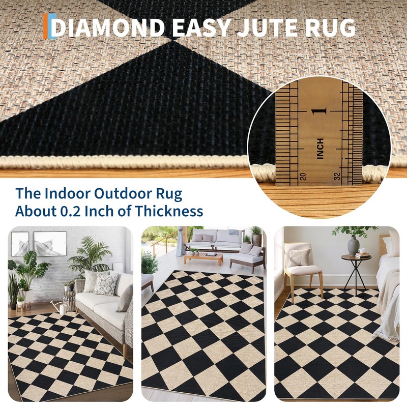 GarveeHome Checkered Easy Jute 3x5 Entryway Rug Machine Washable