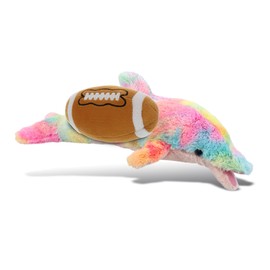 DolliBu Rainbow Dolphin Stuffed Animal with Football Plush - Huggable Playtime Plush Toy, Cute Ocean Life Gift, Plush Doll Animal Toy for Kids and Adults with Name Personalization - 14 Inches