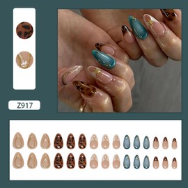 Leopard Press on Nails Medium Almond Fake Nails French tips Glue on Nails Blue False Nails 5D Embossed Gold Line Stick on Nails Glossy Reusable Cheetah Acrylic Nails for Women Girls Manicure 24pcs