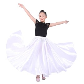 Girls Satin Ankle Length Swing Dance Full Circle Dance Skirt for Belly Dance Folk and Praise Dresses (US, Alpha, One Size, Regular, Long, White)