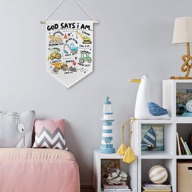BlissfulAbon God Says I Am Construction Bible Verse Wall Canvas Banner, Construction Room Decor, Christian Affirmation Wall Hanging Pennant Flag for Boys Bedroom Playroom Nursery, 11×15 Inch