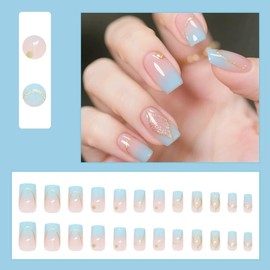 Square Press On Nails Medium French Tip Blue Ombre with Gold Designs Sparkly Artificial Nails 24 Pieces