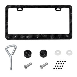 ZNDAW Bling License Plate Frame, Stainless Steel Glitter Crystal Diamond License Plate Cover Holder, Sparkly Bedazzled Rhinestone Car Tag Covers for Women, Car Accessories (Black)