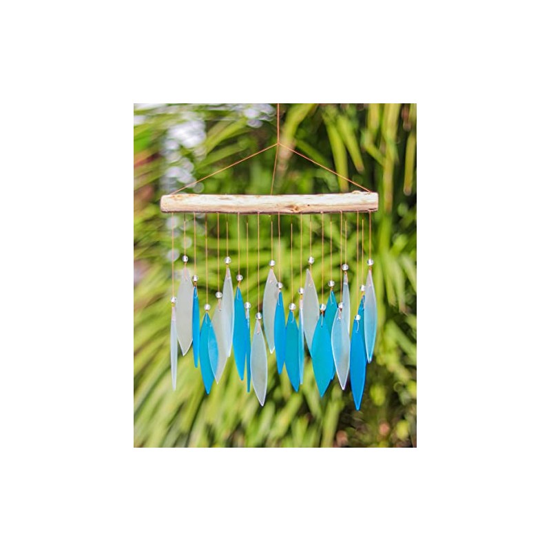 Sparkling Blue Glass Wind Chime Recycled Glass and Bamboo Driftwood