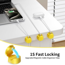 FlyCoco 12 Pack Magnetic Cable Clips Cord Organizer for Desk, Phone Charger Cord [Smooth Adjustable], Adhesive Wire Organizer Keeper for Nightstand Wall Car Office, Yellow