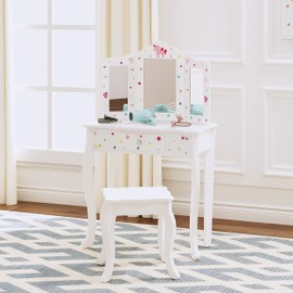 UTEX Kids Vanity Table and Chair Vanity Set with Mirror Makeup Dressing Table with Drawer, Play Vanity Set,White