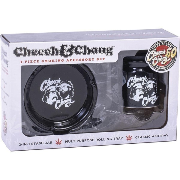 Cheech and Chong 3 in 1 Gift Set (Rolling Tray, Ceramic Ashtray, and Stash Storage Jar) - Smokers Hamper Gift Set Kit, Warming Gift Idea for Birthdays, Christmas – Black Tie Dye (3oz Storage Jar)