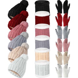 Suhine 18 Pcs Winter Beanie Hat Scarf Gloves Set for Women Include 6 Pcs Knit Hat Warm Beanie with Pompom 6 Pcs Fleece Lined Neck Warmer 6 Pair Warm Touchscreen Gloves for Women Gifts Christmas