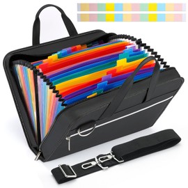 SEEKIND PU Leather Accordian File Organizer 26 Pockets, Expanding File Folder with Handle&Carrying Strap, Document Organizer File Holder for Letter Size / A4 File, for Office, School-Black