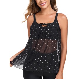 RELLECIGA Women’s Tankini Top Tummy Control Mesh Modest Swim Tank Top Loose Swimsuits(Black Polka Dot,Medium)