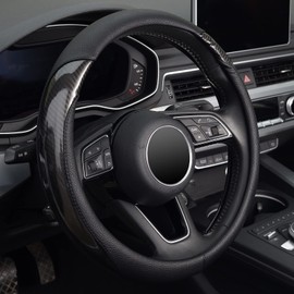 KAFEEK Carbon Fiber Steering Wheel Cover, Universal 15 inch, Anti-Slip, Odorless,Black