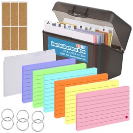 Index Cards Box A6, 17.5 x 10.5 x 12 cm Index Cards Box Including 240 A6 Index Cards Colourful 12 Tabs 6 Rings 2 Stickers 6 Labels for Students Learning Notes