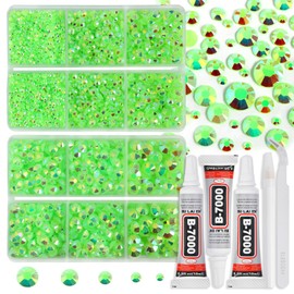 ELEEGEM Resin Rhinestones Kit for Crafts,8400 pcs Light Green AB Jelly Flatback Rhinestones Mixed 5 Sizes 2mm-6mm with B7000 Glue Tweezers and Wax Pencil for Fabric Tumblers and Clothes