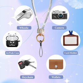 FAN SONG Phone Lanyard Universal, Wrist Strap Glitter with 1 x Phone Patches 1x String Tether Bling Wristlet Keychain Strap for All Full Phone Cases Wallet keys Card Holder etc (White)