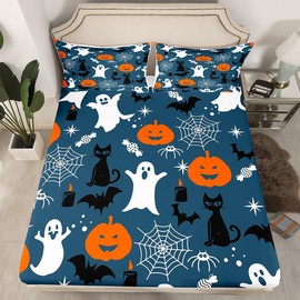 Erosebridal Juego de sábanas de calabaza con diseño de murciélagos de gato negro para niños y niñas, juego de sábanas de caramelo fantasma blanco, juego de ropa de cama de Halloween, telarañas góticas, decoración de Halloween