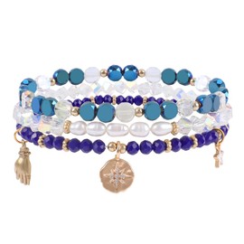 Bohemian Layered Beaded Bracelets for Women Pearl Star Charm Pendant Friendship Bracelets Set Stretch Bracelets Stackable Elastic Crystal Glass Beads Bracelets Boho Jewelry Gift for Girls, Navy Blue