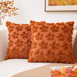 Kevin Textile Fall Floral Pillow Covers 18x18 Inch Set of 2 Cute Flowers Embroidery Decor Soft Plush Faux Fur Throw Pillows Pillowcases for Holiday Harvest Decor Sofa Couch Bedroom, Rust