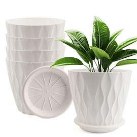 Outigu 6 Inch Indoor Pots for Plants, 5 Pack with Drainage Holes & Tray Saucers, Multi-Color Plastic Planters, Small Pots for Indoor Plants (White)