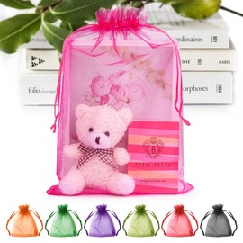 ANZNKU 50 Pack Hot Pink Organza Bags 8X12 inch Sheer Mesh Bags Drawstring Large Organza Gift Bags for Party Favor Christmas Wedding