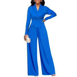 Xinlees Women's Elegant Formal Jumpsuit Casual Long Sleeves V-neck Solid Color Full-Length Wide Leg Pants Jumpsuit Suitable for Party Clubs(Blue,L)