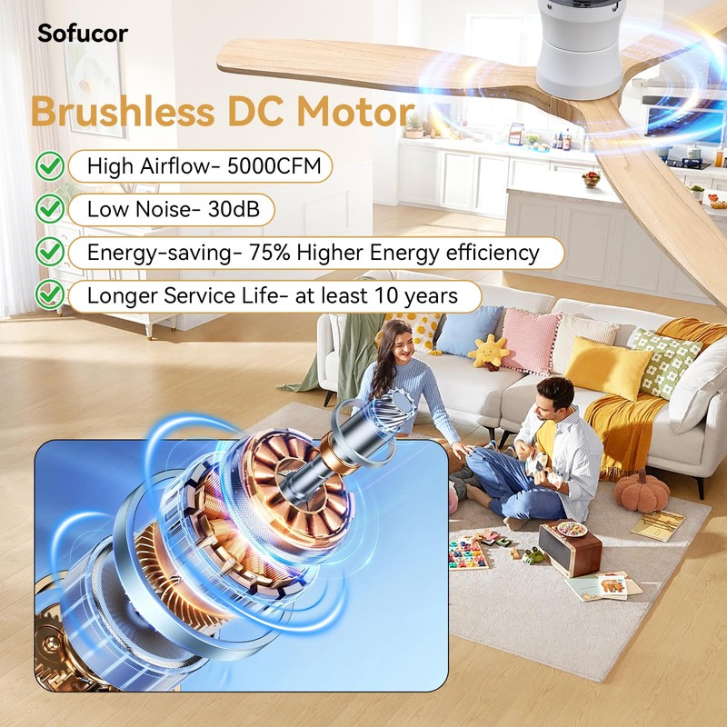 Sofucor 52" Smart Ceiling Fan, Solid Wood Ceiling Fan with