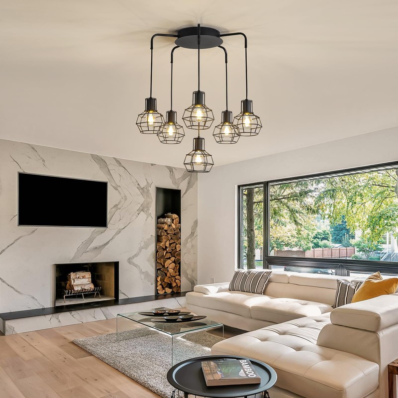 6-Light Pendant Light Fixtures, Industrial Farmhouse Hanging Lighting, Black Metal